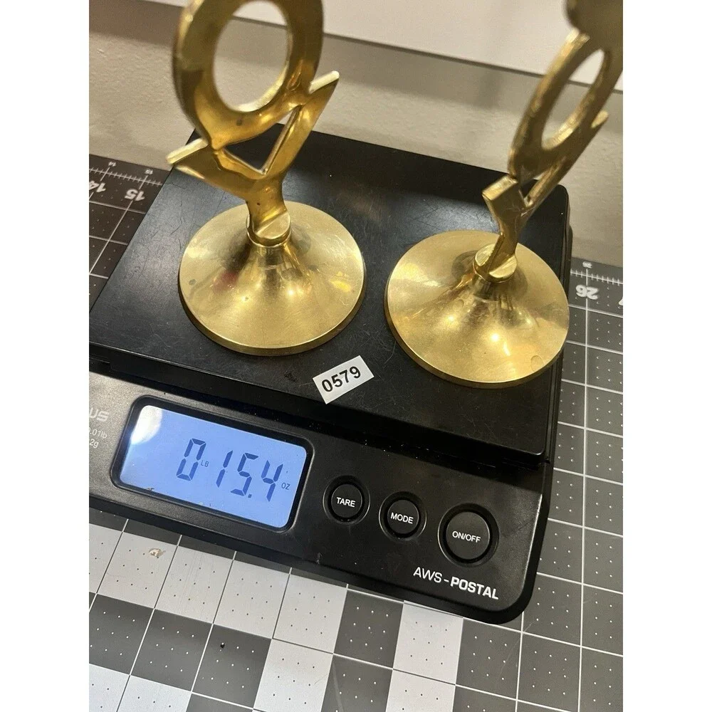 2 Solid Brass JOY Candlestick Holders 8